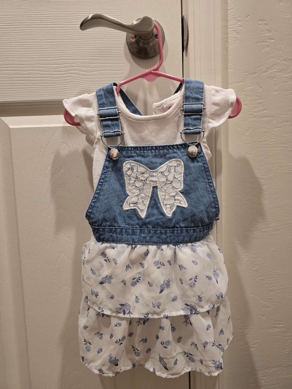 Little Lass Blue Denim and White Floral Tiered Overall Dress with Lace Bow